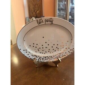 8 Oak Lane 14x10.5 Oval ‘Let's Party’ Serving Platter: Gold/Pink/Blue Dots